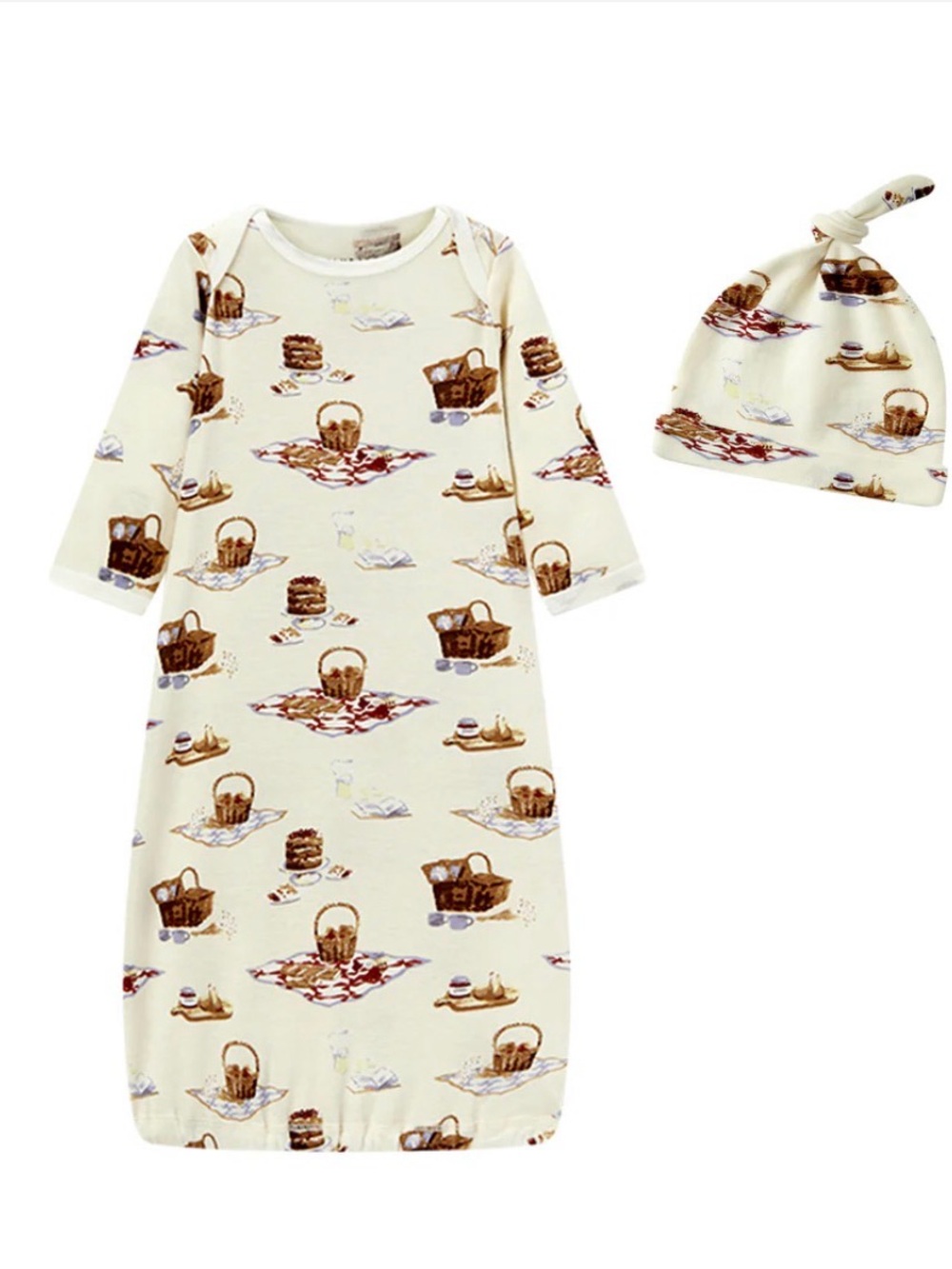 Milkbarn Cream Picnic-Print Gown with Matching Knot Hat